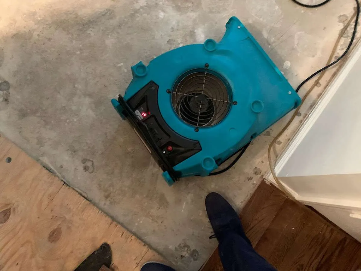 Air mover drying subfloor during Leak Detection & Repair in Butte-Silver Bow